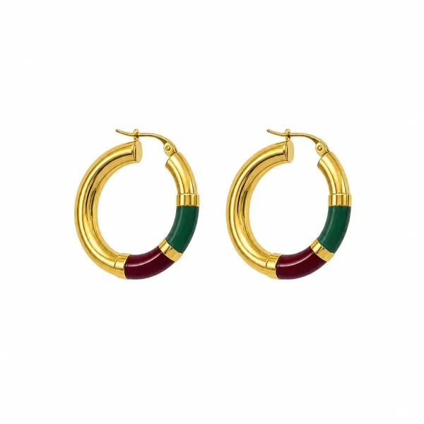 Vista alternativa di Orecchini Cerchio 90's Baby - Oro - Verde / Bordeaux