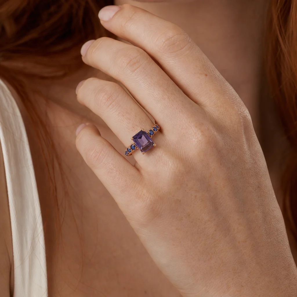 Anello Mini Marrakech Carrè / Quarzo Rosa - Blu Zaffiro - immagine 2